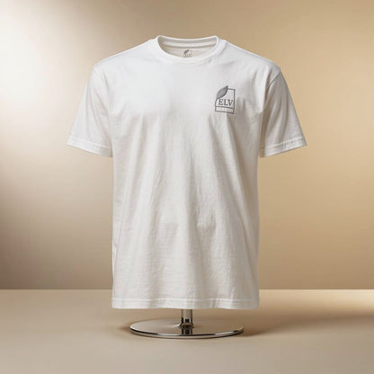 White t-shirt with a logo on a beige background