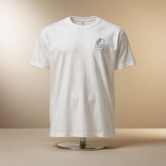 White t-shirt with a logo on a beige background