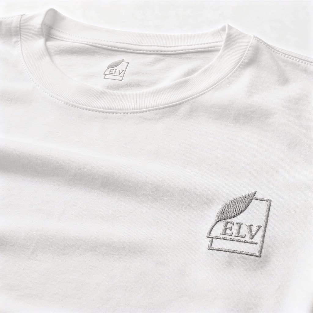 White t-shirt with ELV logo on a white background
