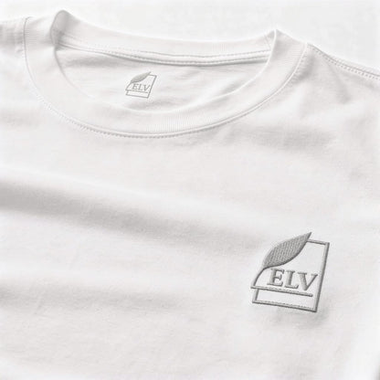 White t-shirt with ELV logo on a white background