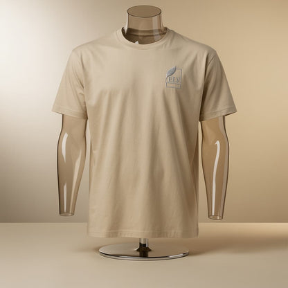 Beige t-shirt on a mannequin with a logo against a beige background