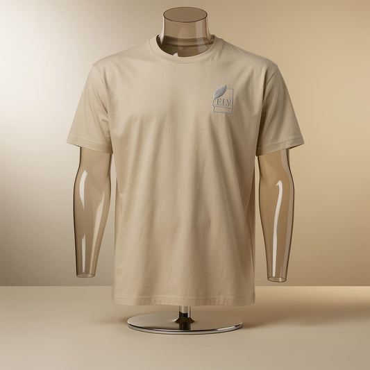 Beige t-shirt on a mannequin with a logo against a beige background