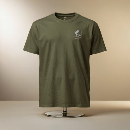 Green t-shirt with a logo on a beige background