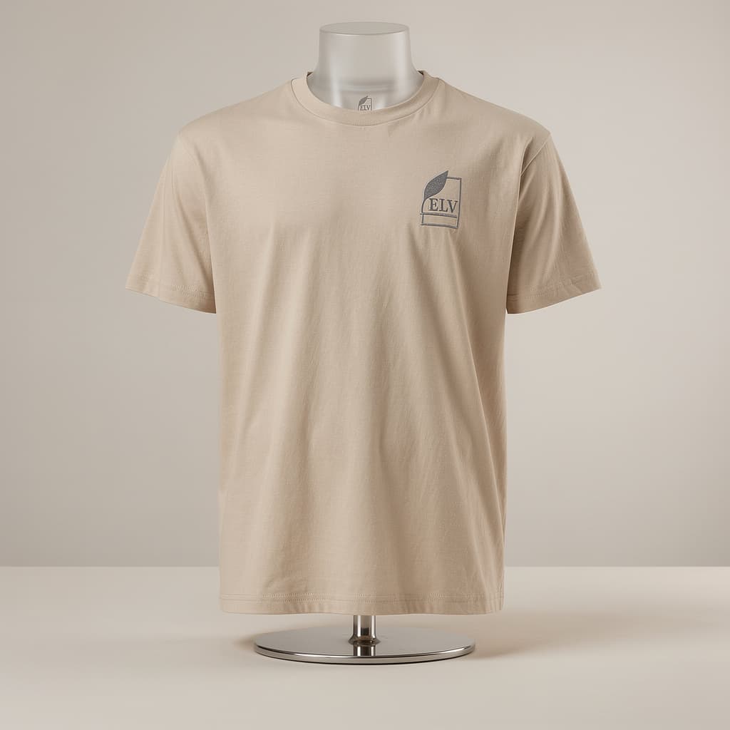 Beige t-shirt with a logo on a mannequin against a plain background