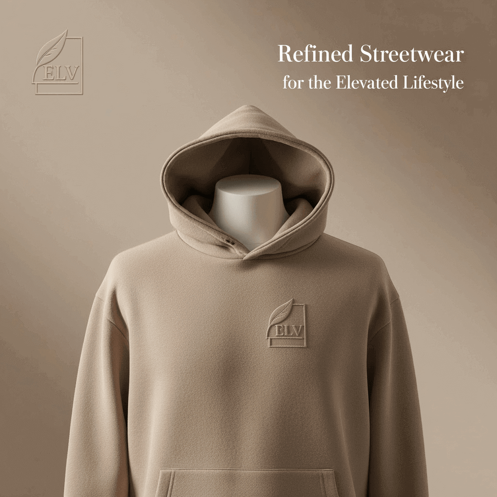 Beige hoodie on a mannequin with 'ELV' logo against a beige background, featuring text 'Refined Streetwear for the Elevated Lifestyle'.
