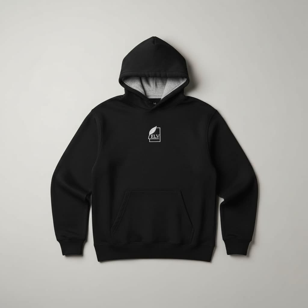 Black hoodie with a small white logo on a light gray background