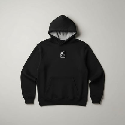Black hoodie with a small white logo on a light gray background